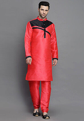 Color Blocked Art Silk Kurta Set in Red