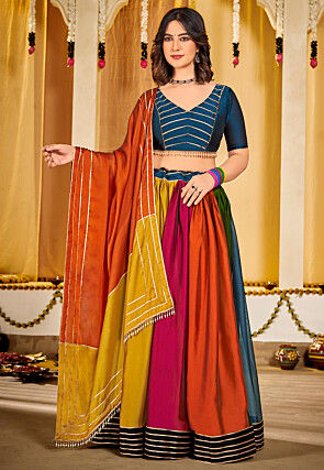 Color Blocked Art Silk Lehenga in Multicolor