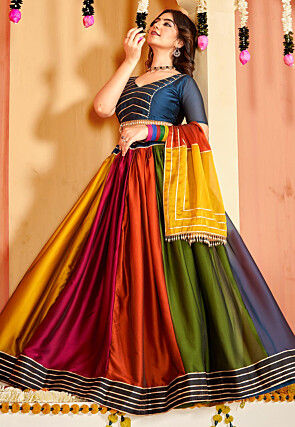 Color Blocked Art Silk Lehenga in Multicolor