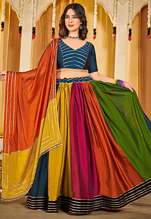Color Blocked Art Silk Lehenga in Multicolor