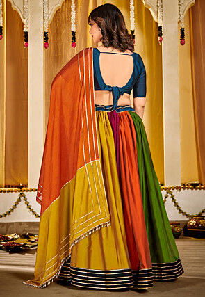 Color Blocked Art Silk Lehenga in Multicolor