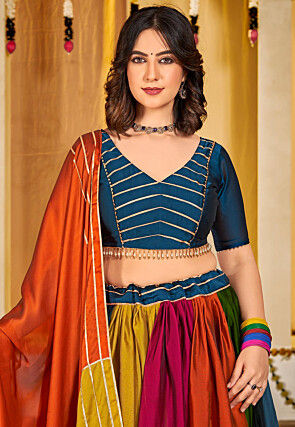 Color Blocked Art Silk Lehenga in Multicolor