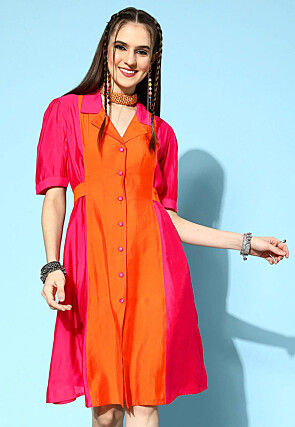 Color Blocked Chanderi Fit N Flare Dress in Fuchsia and Orange
