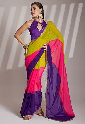 Color Blocked Chiffon Saree in Multicolor