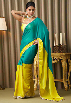 Color Blocked Chiffon Saree in Turquoise and Yellow