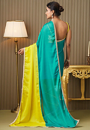 Color Blocked Chiffon Saree in Turquoise and Yellow