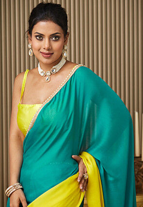 Color Blocked Chiffon Saree in Turquoise and Yellow