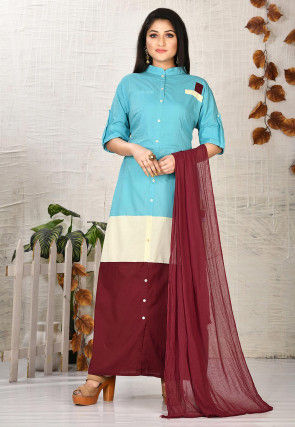 Color Blocked Cotton Abaya Style Suit in Light Blue and Maroon