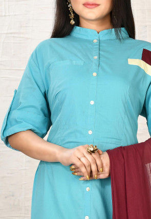 Color Blocked Cotton Abaya Style Suit in Light Blue and Maroon