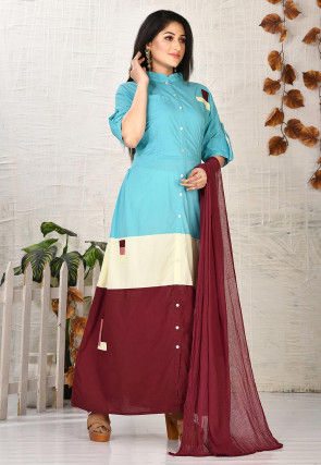 Color Blocked Cotton Abaya Style Suit in Light Blue and Maroon