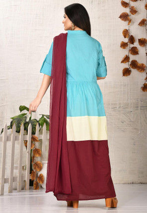 Color Blocked Cotton Abaya Style Suit in Light Blue and Maroon