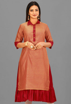 Color Blocked Cotton Chanderi Layered Kurta in Peach and Red