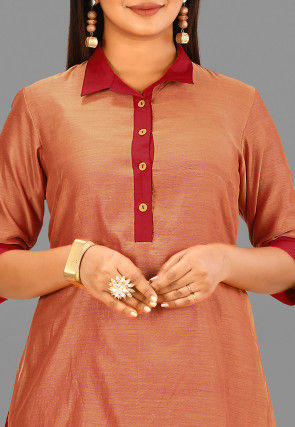 Color Blocked Cotton Chanderi Layered Kurta in Peach and Red
