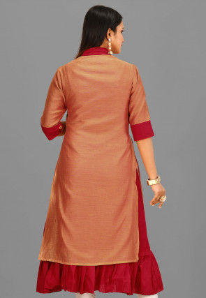 Color Blocked Cotton Chanderi Layered Kurta in Peach and Red