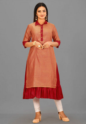 Color Blocked Cotton Chanderi Layered Kurta in Peach and Red
