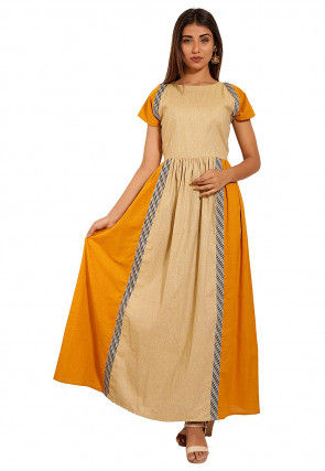 Color Blocked Cotton Kurta in Mustard and Beige