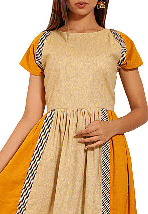 Color Blocked Cotton Kurta in Mustard and Beige