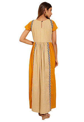 Color Blocked Cotton Kurta in Mustard and Beige