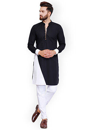 Color Blocked Cotton Kurta Set in Black