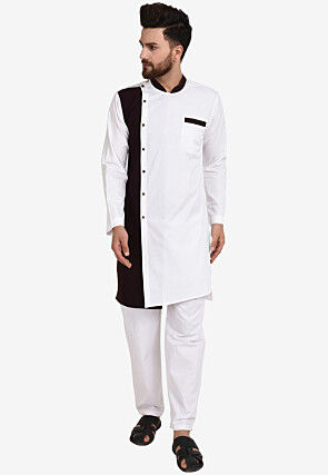 Color Blocked Cotton Kurta Set in White