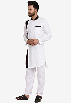 Color Blocked Cotton Kurta Set in White