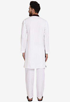 Color Blocked Cotton Kurta Set in White