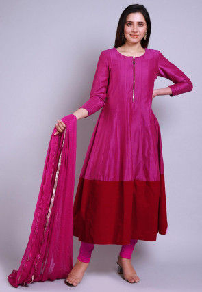 Color Blocked Cotton Silk Anarkali Suit in Fuchsia and Red