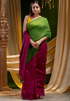 Color Blocked Cotton Silk Saree in Green and Magenta