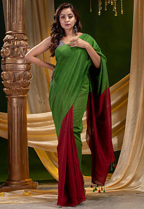 Color Blocked Cotton Silk Saree in Green and Red