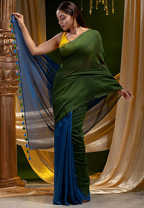 Color Blocked Cotton Silk Saree in Olive Green and Blue