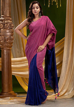Color Blocked Cotton Silk Saree in Pink and Blue