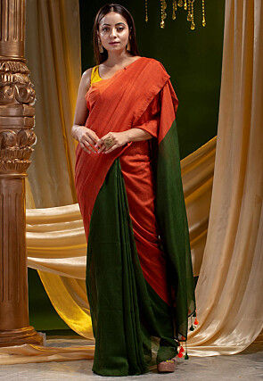 Color Blocked Cotton Silk Saree in Rust and Olive Green