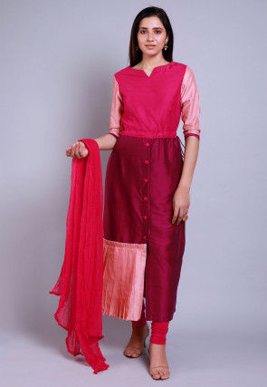 Color Blocked Cotton Silk Straight Suit in Magenta and Fuchsia