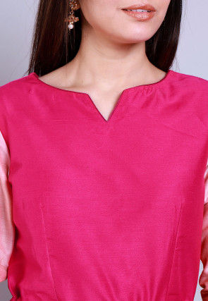 Color Blocked Cotton Silk Straight Suit in Magenta and Fuchsia