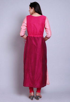 Color Blocked Cotton Silk Straight Suit in Magenta and Fuchsia