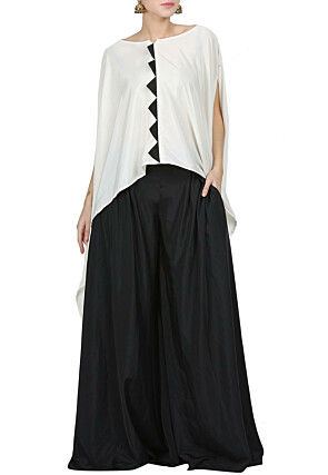 Color Blocked Crepe Cape with Palazzo in Off White
