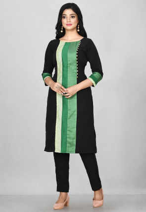 Color Blocked Crepe Pakistani Suit in Black and Green
