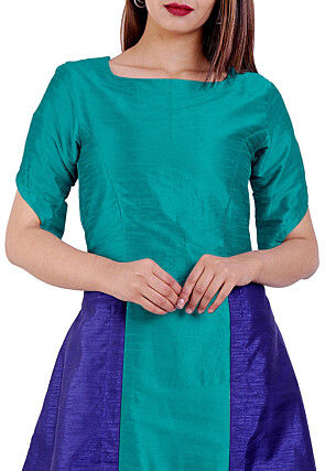 Color Blocked Dupion Silk A Line Kurta in Green and Royal Blue