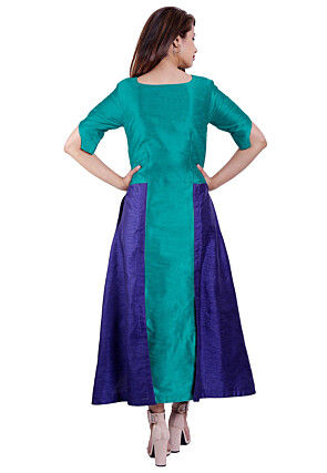 Color Blocked Dupion Silk A Line Kurta in Green and Royal Blue