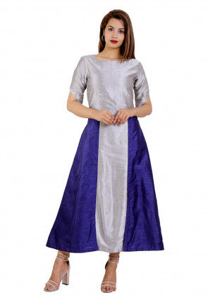 Color Blocked Dupion Silk A Line Kurta in Grey and Navy Blue