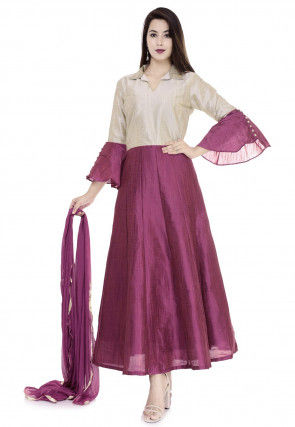 Color Blocked Dupion Silk Abaya Style Suit in Magenta and Light Fawn