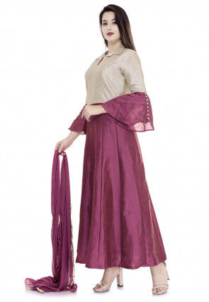 Color Blocked Dupion Silk Abaya Style Suit in Magenta and Light Fawn