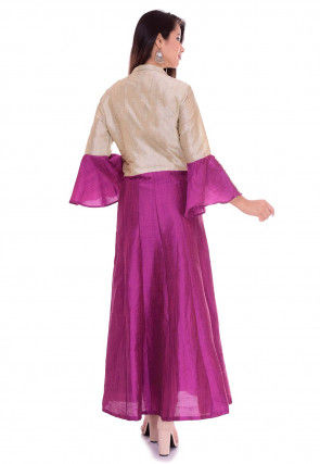 Color Blocked Dupion Silk Abaya Style Suit in Magenta and Light Fawn