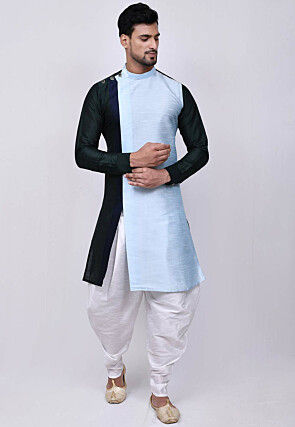 Color Blocked Dupion Silk Dhoti Kurta in Sky Blue and Teal Blue