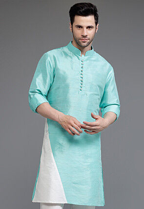Color Blocked Dupion Silk Kurta in Light Blue