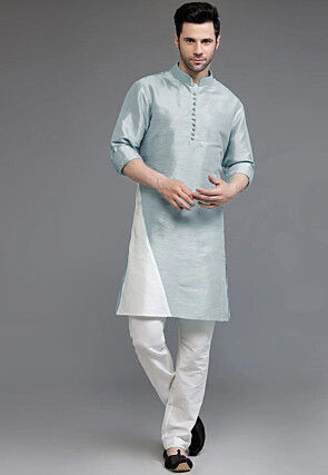 Color Blocked Dupion Silk Kurta Set in Grey