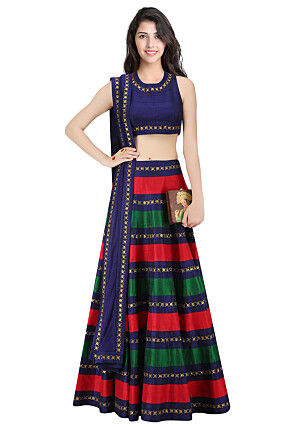 Color Blocked Dupion Silk Lehenga in Red and Green