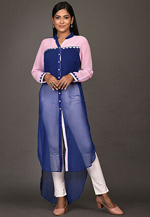 Color Blocked Georgette High Low Kurta in Navy Blue and Pink
