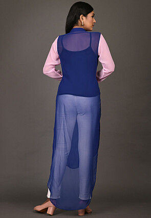Color Blocked Georgette High Low Kurta in Navy Blue and Pink