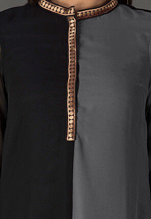Color Blocked Georgette Straight Suit in Black and Grey